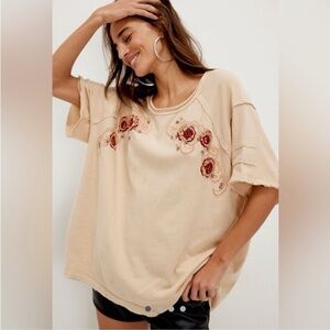 Free People‎ We The Free Harper Tee Studded Rose Embroidered T-Shirt Top XS NWOT